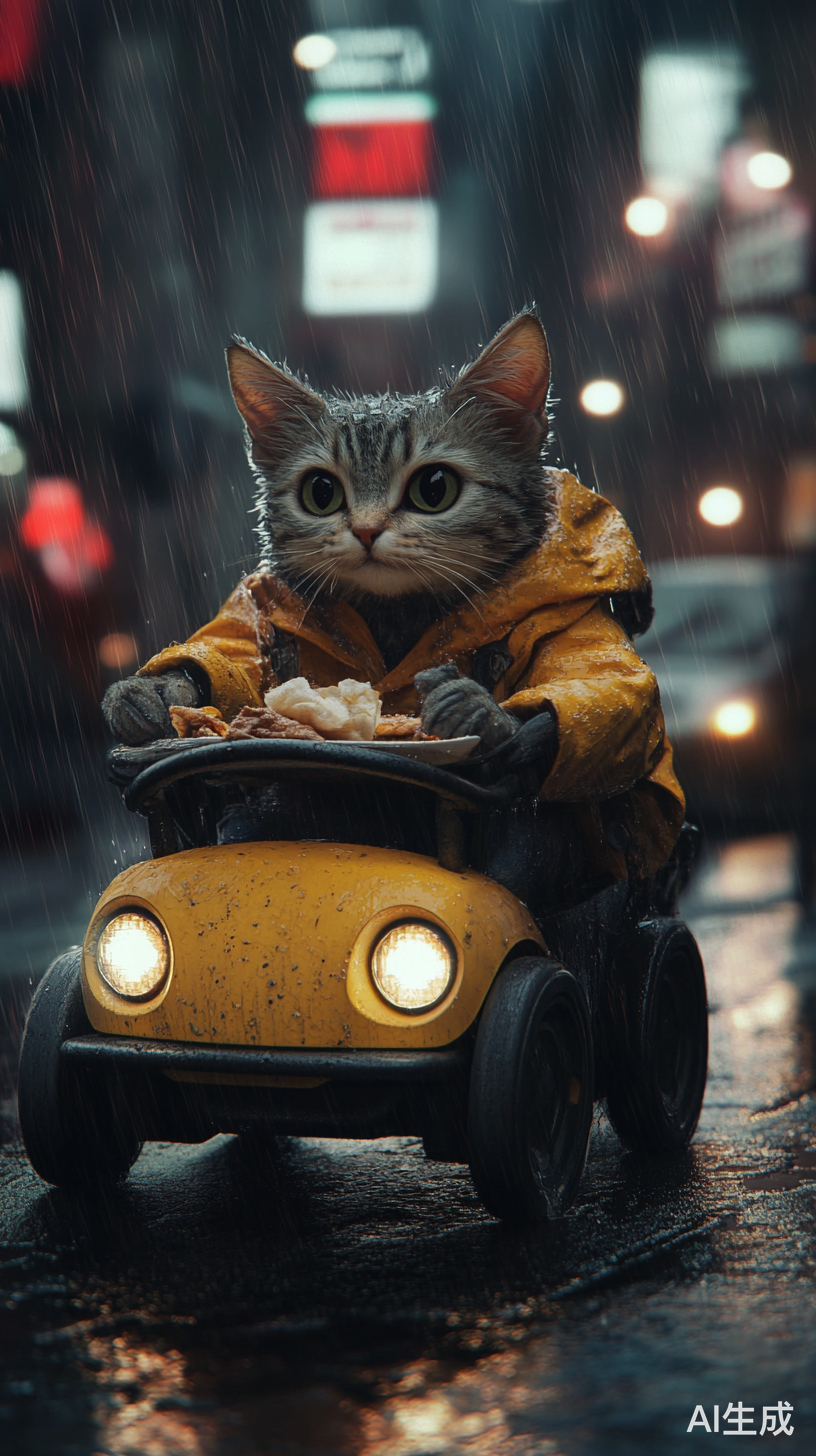 三花猫雨天骑电瓶车送外卖坚持不懈