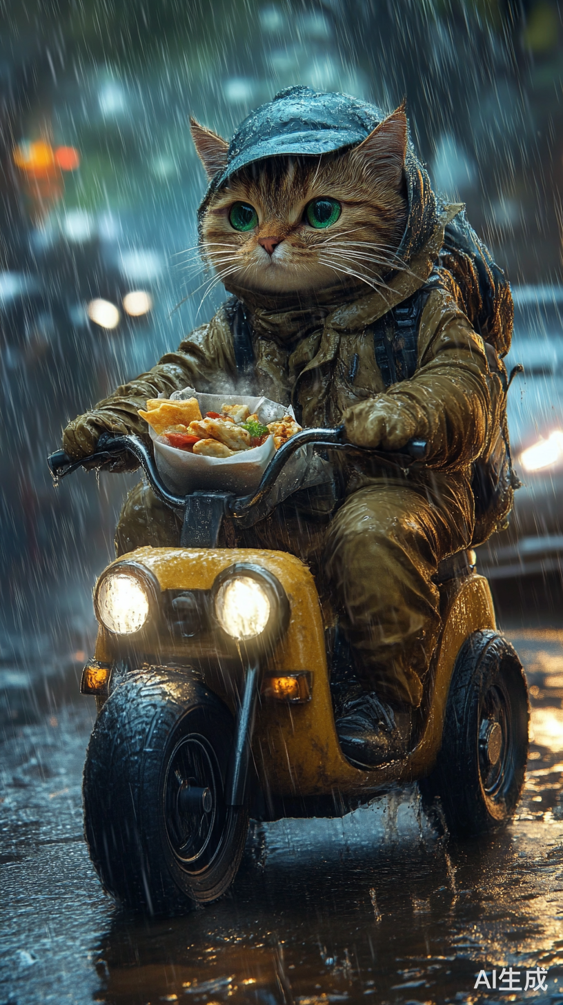 三花猫雨天骑电瓶车送外卖坚持不懈