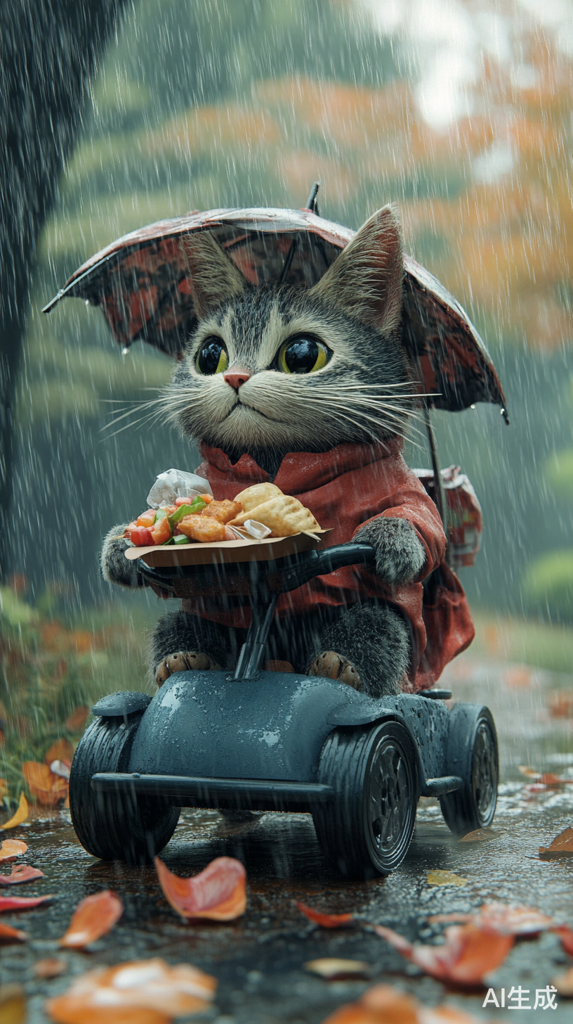 三花猫雨天骑电瓶车送外卖坚持不懈