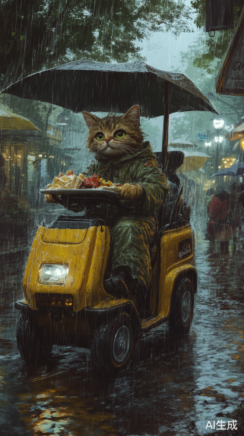 三花猫雨天骑电瓶车送外卖坚持不懈