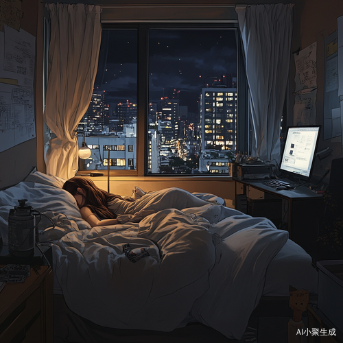 温馨卧室夜景中25岁女生在床上睡觉