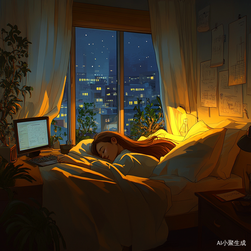 温馨卧室夜晚插图展示女生睡眠与工作计划