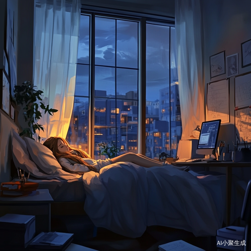 温馨卧室夜晚插图展示女生睡眠与工作计划