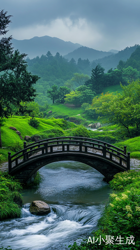 小桥流水映青山树木