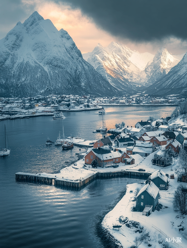 Winter Aerial View of Loften Norway Harbour During Evening Light