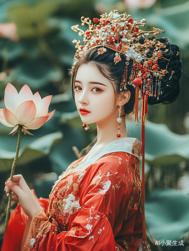 白皙皮肤少女荷塘边的古装人物写真