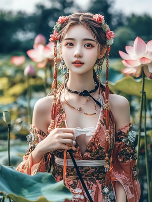 一个中国古装少女，皮肤白皙，明眸皓齿，站在荷塘边，摄影图片，人物写真。