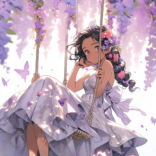 女生穿紫色连衣裙坐白色摇篮秋千 surrounded by colorful flowers