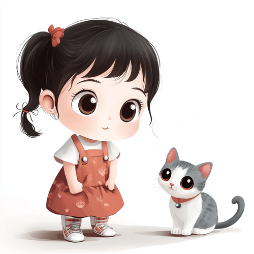 可爱中国小女孩逗猫的纯白背景画面