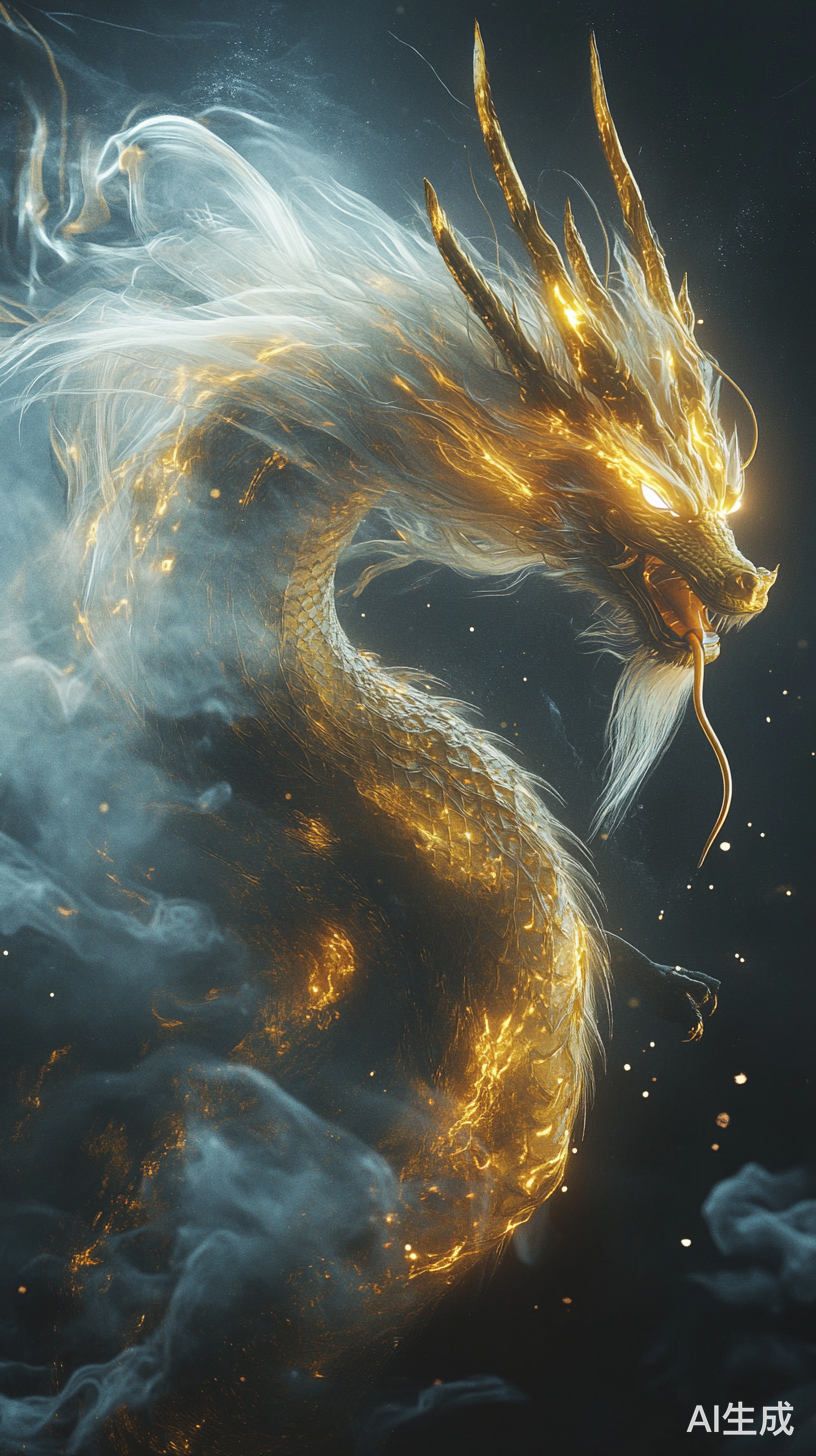 金色龙在黑色神秘背景中威武飞跃