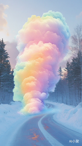 Surrealist Dreamy Colorful Cloud Over Snowy Road