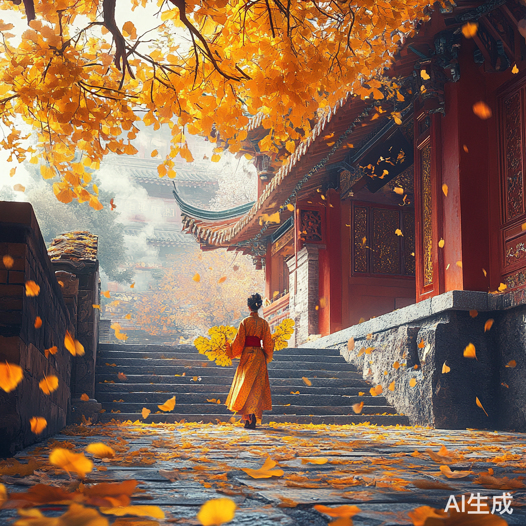 秋天的古建筑与飘落银杏叶的女侠