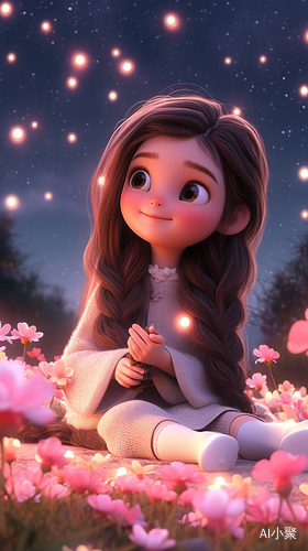 Cute Cartoon Girl Character Design Under Starry Night Sky