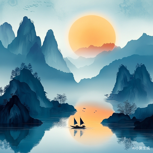 夏天黄昏的河流月亮高山小船风景