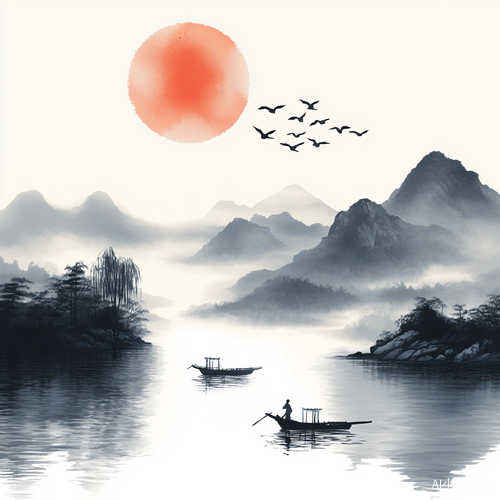 夏天黄昏的河流月亮高山小船风景