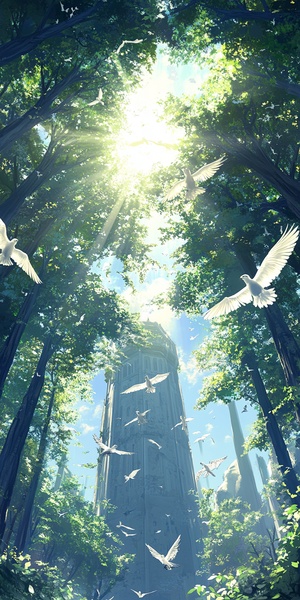 In the center of an anime-style forest, white birds fly in circles above trees and a sky with blue hues. In front is a tower surrounded by dense foliage, with sunlight filtering through the leaves to create circular shadows on the ground below. The sun shines brightly from behind, creating a dreamy atmosphere. This scene has high resolution, showcasing detailed details. It was created using digital painting techniques, combining elements of fantasy art and realism, and showcasing beautiful colors.