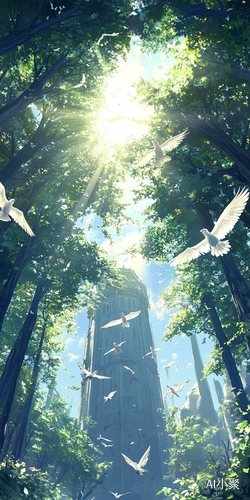 Dreamy Anime Forest with Tower and Flying Birds