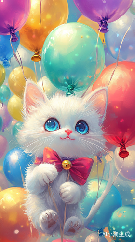 可爱白色小猫与五彩气球的洛可可超现实场景