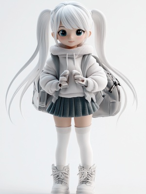 super cute girl ip,pop mart style,white hair,full body,front view,blind box style,soft light,white background,3d,blender,oc renderer,high detail,hyper quality,very high detailed