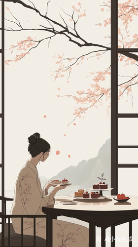 旗袍美人桌旁品糕点窗外桃花盛开