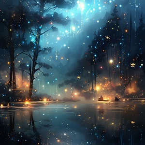 Beautiful and transparent picture, the dream forest after the rain, beautiful fire elves, rainbow bridge, fireflies flying on the wide lake，The beautiful dreamy stars in the lake sparkle，Soft lighting, super-wide lens,Fog astigmatism, HD 4K, HD beautiful pictures ar 9:16