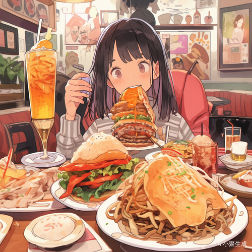 女孩享受美味大餐的快乐时刻