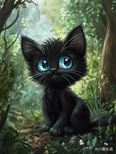 漂亮黑色小奶猫卡通形象坐在森林里
