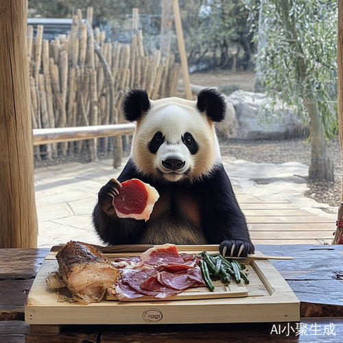 慢生活健康平衡熊猫与西班牙火腿的互动