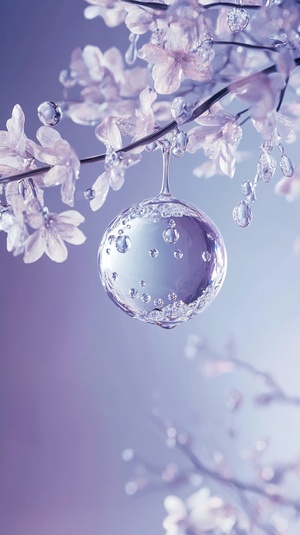 In the upper left of an elegant flower branch, a round ice crystal ball is placed, and the crystal dew is hung on it. It has soft edges and clean lines, presenting natural beauty and elegant, minimalist art style. Blue and white porcelain, water drops, glass flowers, purple background, lighting effects, 3D rendering, minimalist style, fine details, white jade carving decoration, light color collocation, HD photography, static composition. ar 9:16 v 6.0