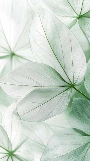 White background, light green leaves, transparent and delicate texture, soft edges, semi-frosted glass effect, transparency, high definition photography style. The close-up of the large leaf is delicate and delicate, with strong three-dimensional sense. It has clear details on each petal surface, presenting an elegant artistic charm.,,in