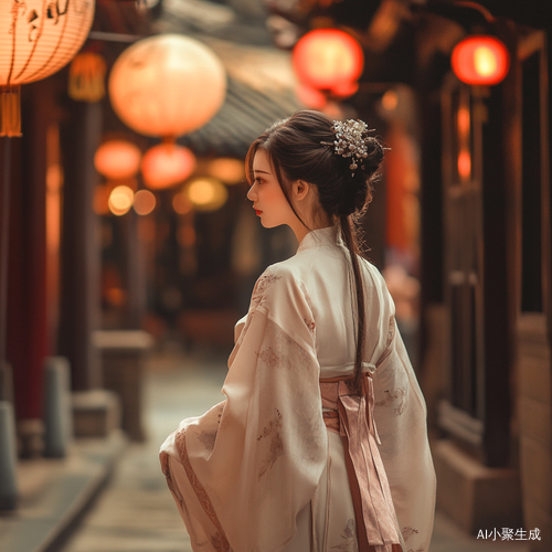 汉服女孩在大街上悠然行走