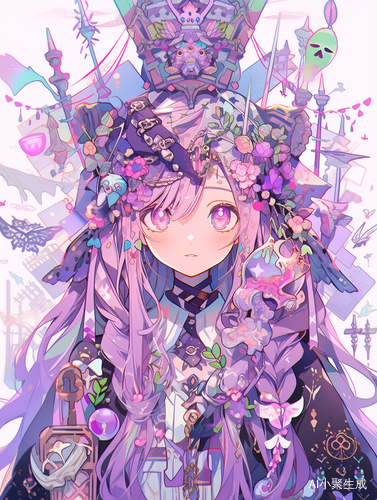 植物拟人魔法师角色设计紫粉色头发橙色眼睛