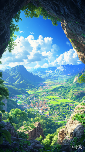 Stunning Anime Style View from Rocky Cave Overlooking Lush Green Valley