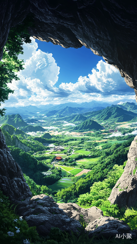 Stunning Anime Style View from Rocky Cave Overlooking Lush Green Valley