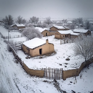 冬季中央的一座小土坯房，几处房子，屋顶和墙壁覆盖着雪，房子正前面有泥墙，栅栏大门，一座标准的农家小院，泥土路、覆盖着雪的地面和灰暗的天空，使用iPhone相机拍摄。该场景在无人机镜头下拍摄，鸟瞰图