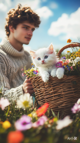 阳光下的温暖毛衣人与花篮中的小猫咪