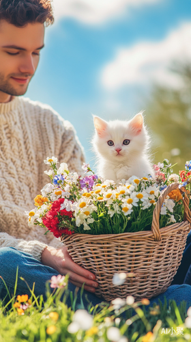 阳光下的温暖毛衣人与花篮中的小猫咪