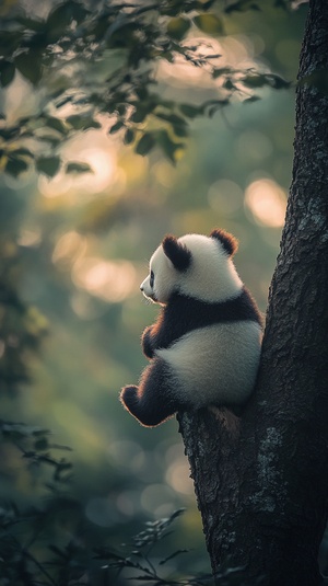 A cute panda baby, sitting on the tree trunk with its back to the camera, showing its belly and paws, in a photographic style, using natural light, suitable for a mobile phone wallpaper. ar 57:128