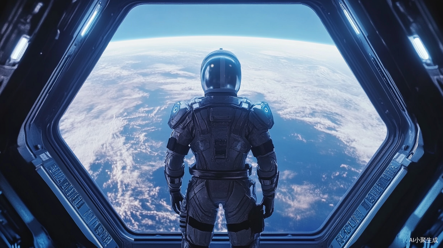 Distant Future Soldier Overlooks Earth from Alien Space Station