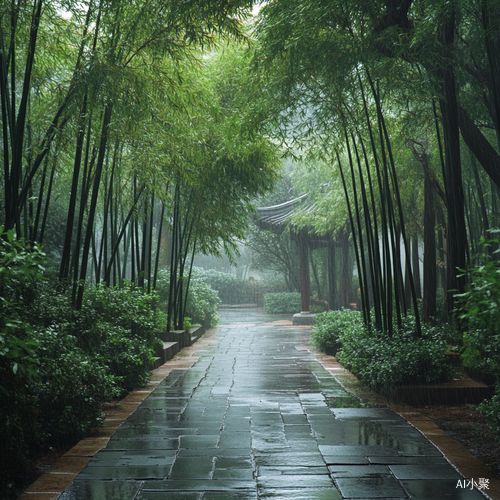 江南竹林雨景中的清静美丽陶醉情操