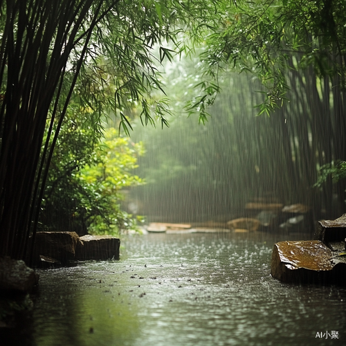 江南竹林雨景中的清静美丽陶醉情操