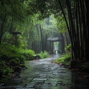 竹林雨景，江南寺庙，清静，美丽，陶醉情操，小溪潺潺流水，