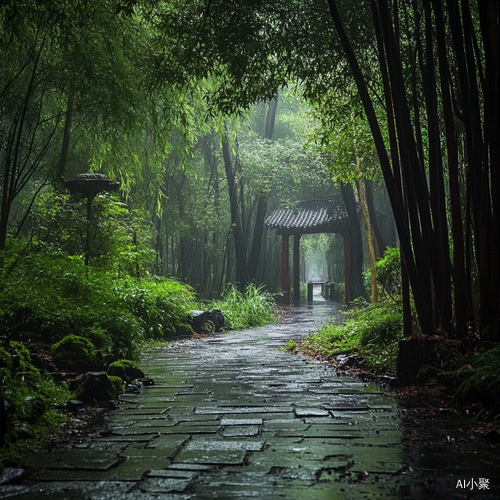 江南竹林雨景中的清静美丽陶醉情操