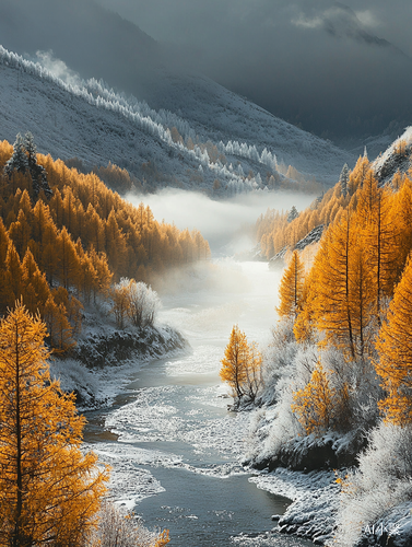 Autumn Morning Fog and Golden Trees by the Northeast River