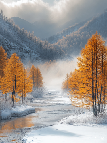 Autumn Morning Fog and Golden Trees by the Northeast River