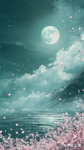 山顶明月与碧水花瓣共舞的宁静夜晚