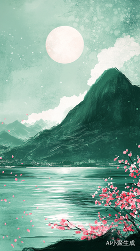 山顶明月与碧水花瓣共舞的宁静夜晚
