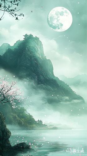 山顶明月与碧水花瓣共舞的宁静夜晚