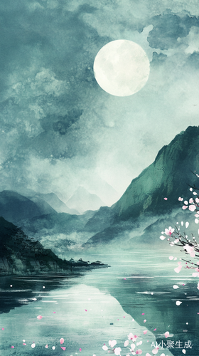 山顶明月与碧水花瓣共舞的宁静夜晚