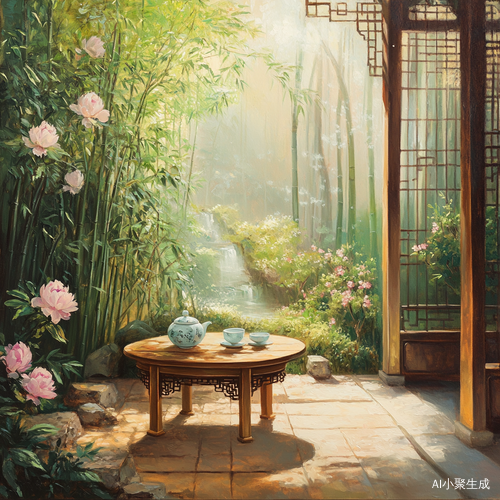 宁静中式庭院的茶具与传统元素的艺术呈现